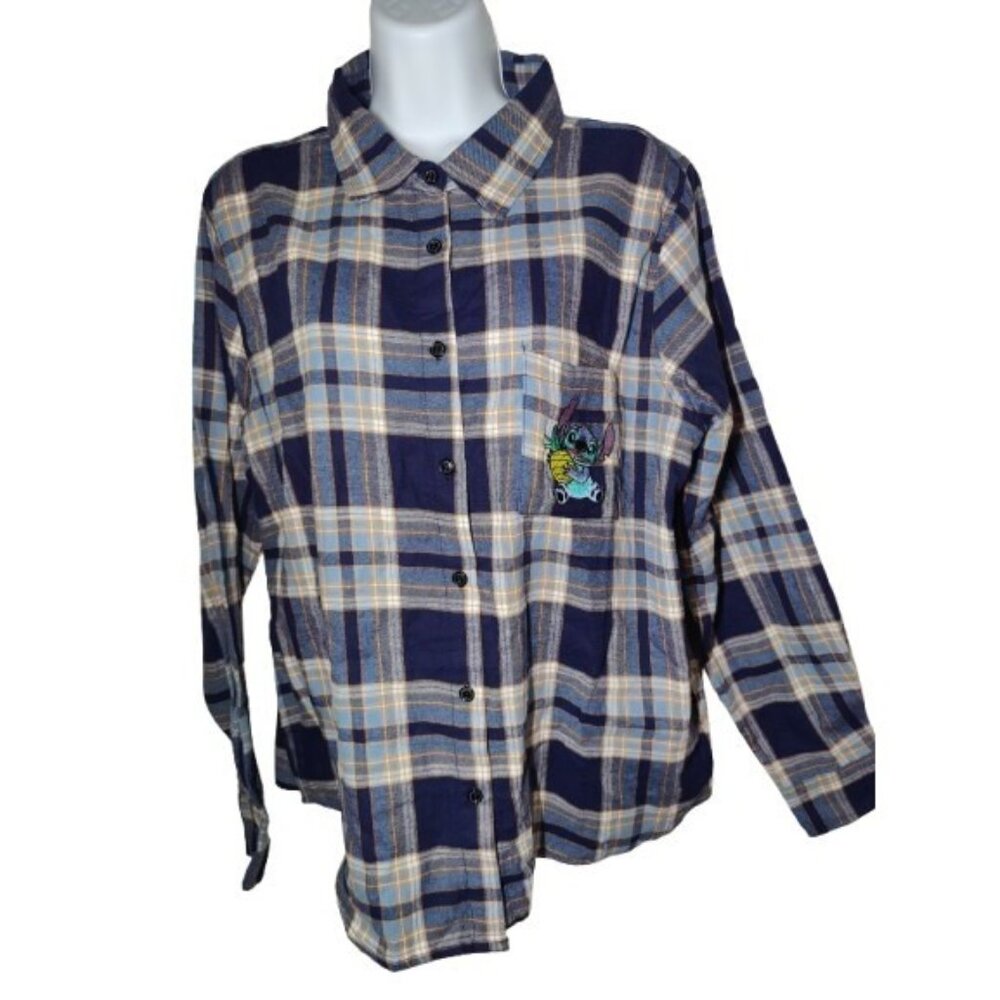Disney Plaid Button Down Shirt Lilo & Stitch W Embroidered Character‎ Stitch M